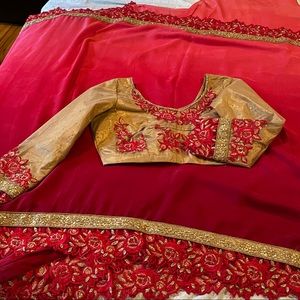 Designer shaded  Red  chiffon saree with embroidery work blouse